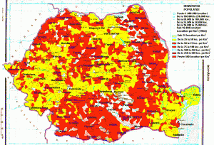 Harta densitatii populatiei in Romania.