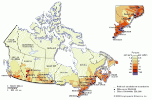 Harta densitatii populatiei in Canada