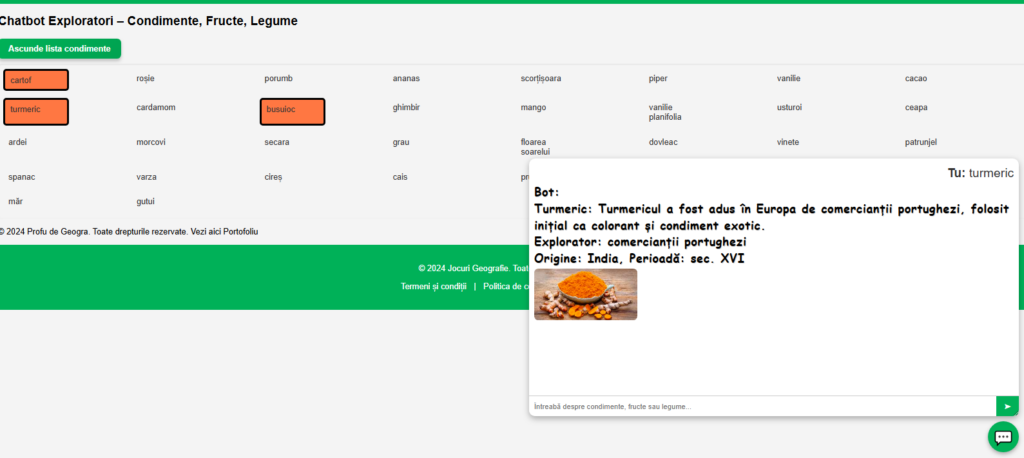        Chatbot Exploratori – Condimente, Fructe, Legume

