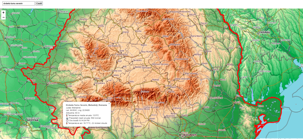        Harta interactiva Romania(coordonate,altitudine,starea vremei, judet,ora locala, precipitatii medii anuale, temperatura medie anuala,cod postal)

