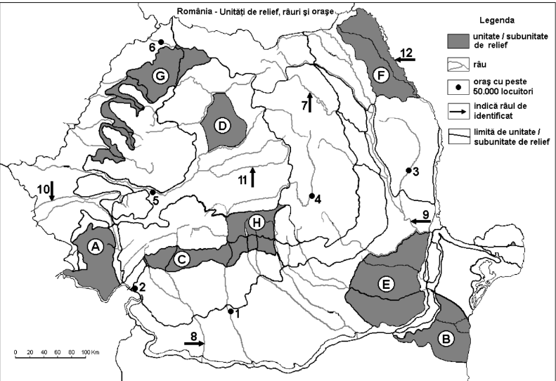 Test geografie Bac Romania cu harta oarba a Romaniei